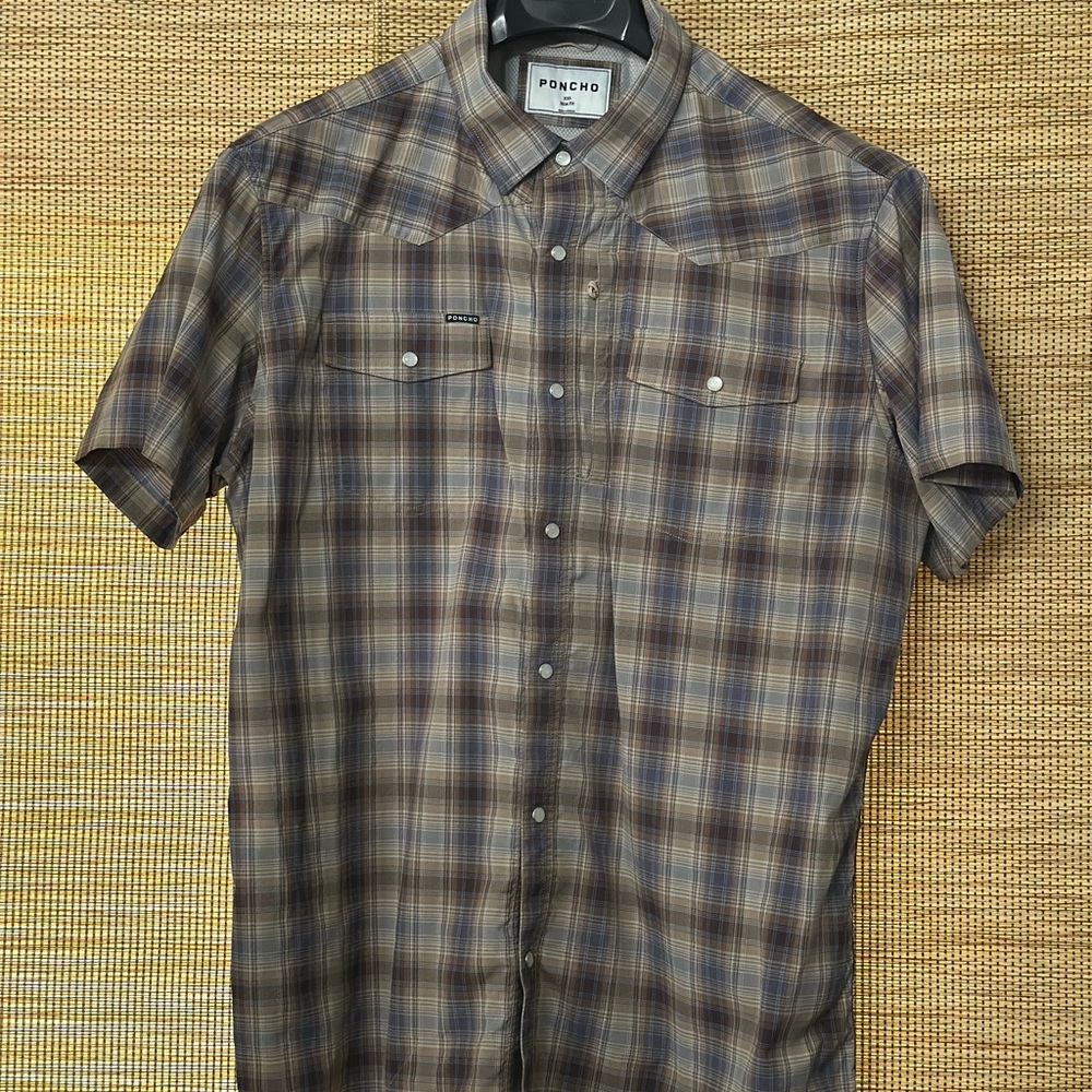 PONCHO OUTDOORS Brown Plaid Short Sleeve Pearl Snap